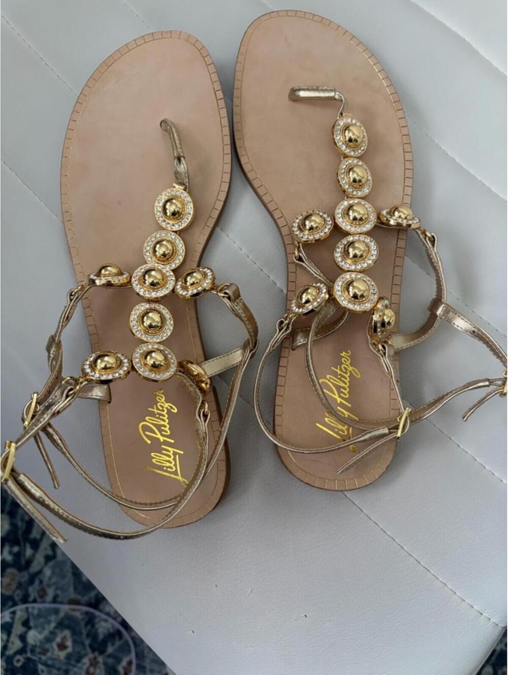 Lilly Pulitzer Metallic Gold Jeweled T-Strap Sandals Size 8